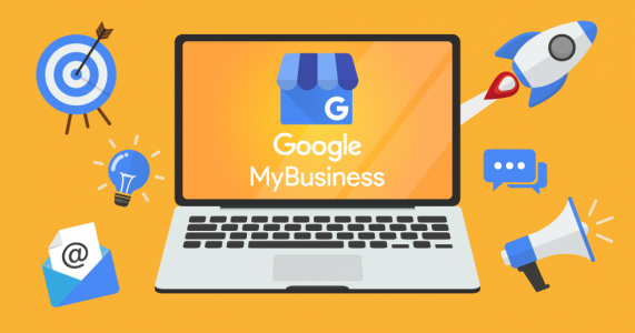 Laptop with Google My Business logo open. Tutorial on how to find GMB CID